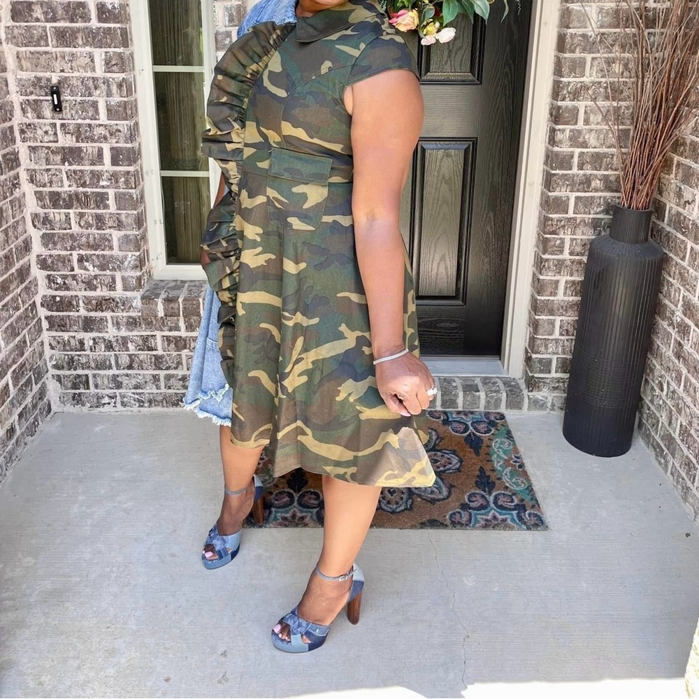 Camouflage & Denim Ruffle Dress